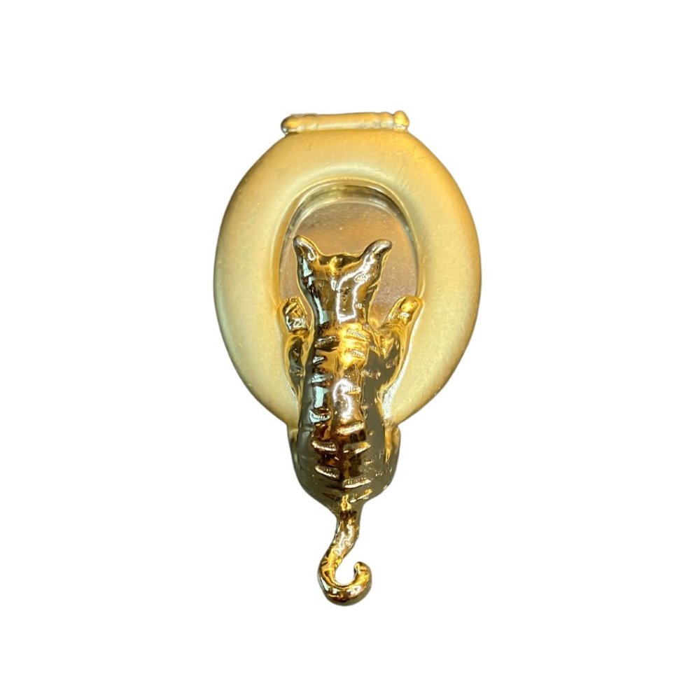 80s Vintage AJC Goldtone Cat Looking into Toilet Mirror Cat Pin Brooch